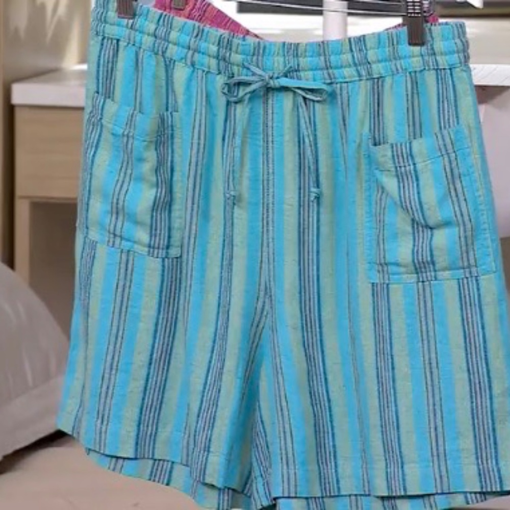 Linen Striped Relaxed Short Teal NWOT - Picture 2 of 3